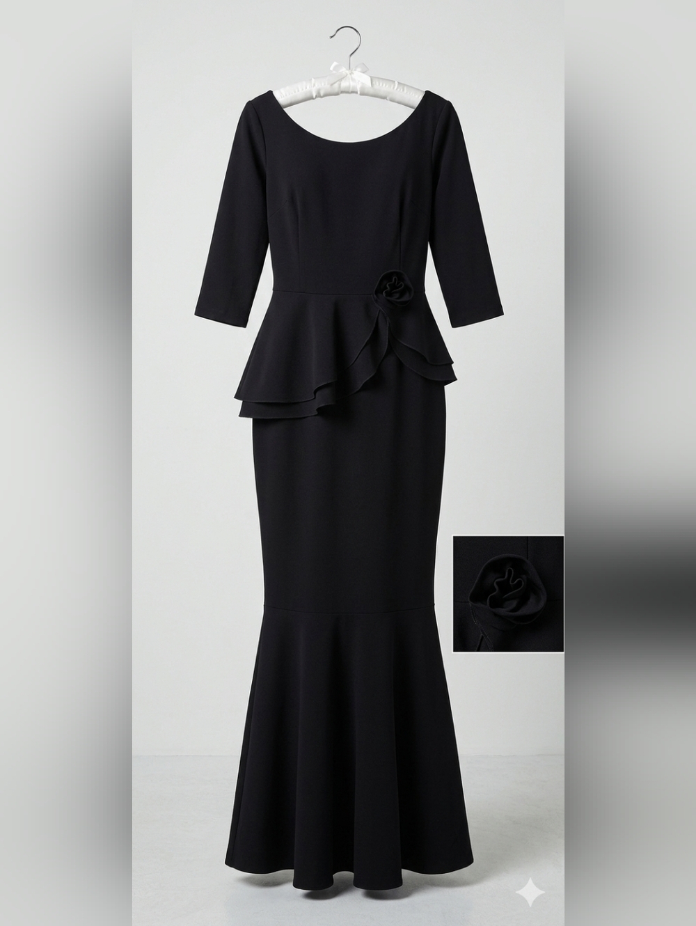 Elegant Black Peplum Maxi Dress with Rosette Detail